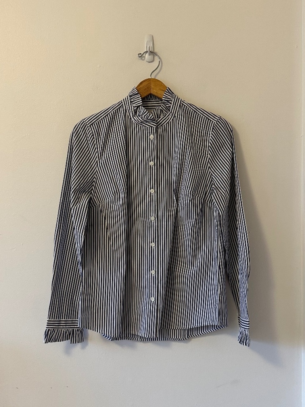 J. Crew NWT Ruffle Neck Button Down Blue and White Stripe Shirt | Size Medium
